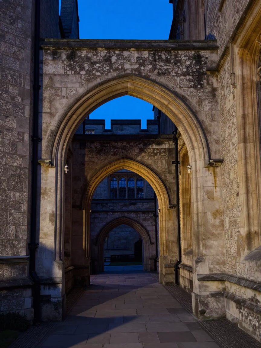 Evening Blue Hour at Bristol University Cloister Stone Walkway in in Bristol, United Kingdom