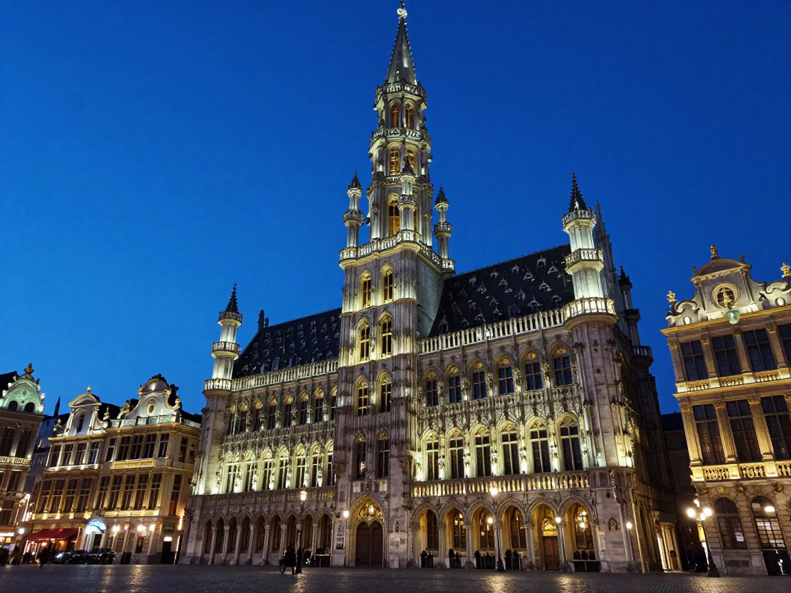Evening Blue Hour at Brussels Grand Place with Gothic Architecture and Cobblestone Streets in in Brussels, Belgium