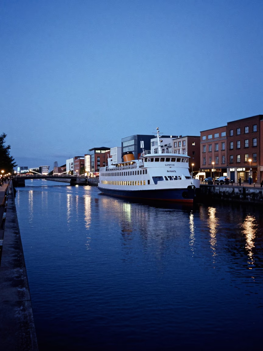 Evening Blue Hour at Dublin Docklands with Ferry and Viaduct in in Dublin, Ireland