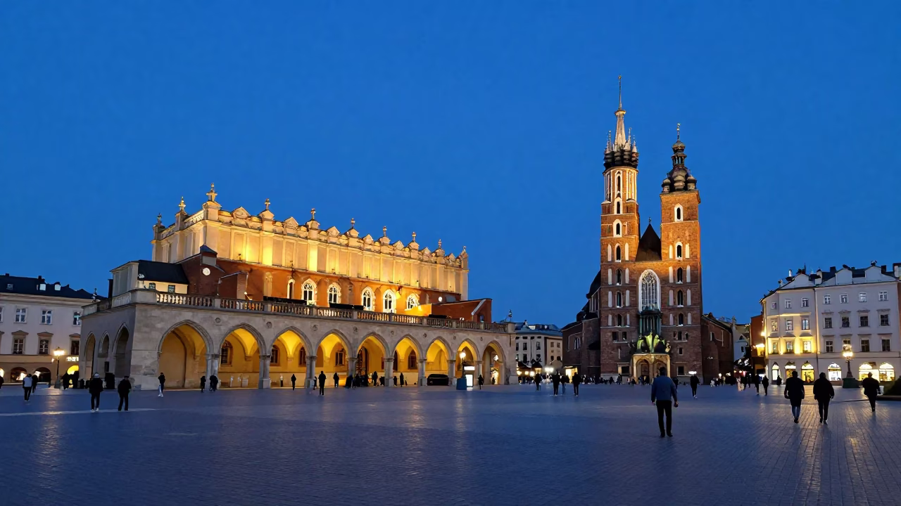 Evening Blue Hour at Krakow Rynek Glowny Square with Tourists and Cloth Hall in in Krakow, Poland