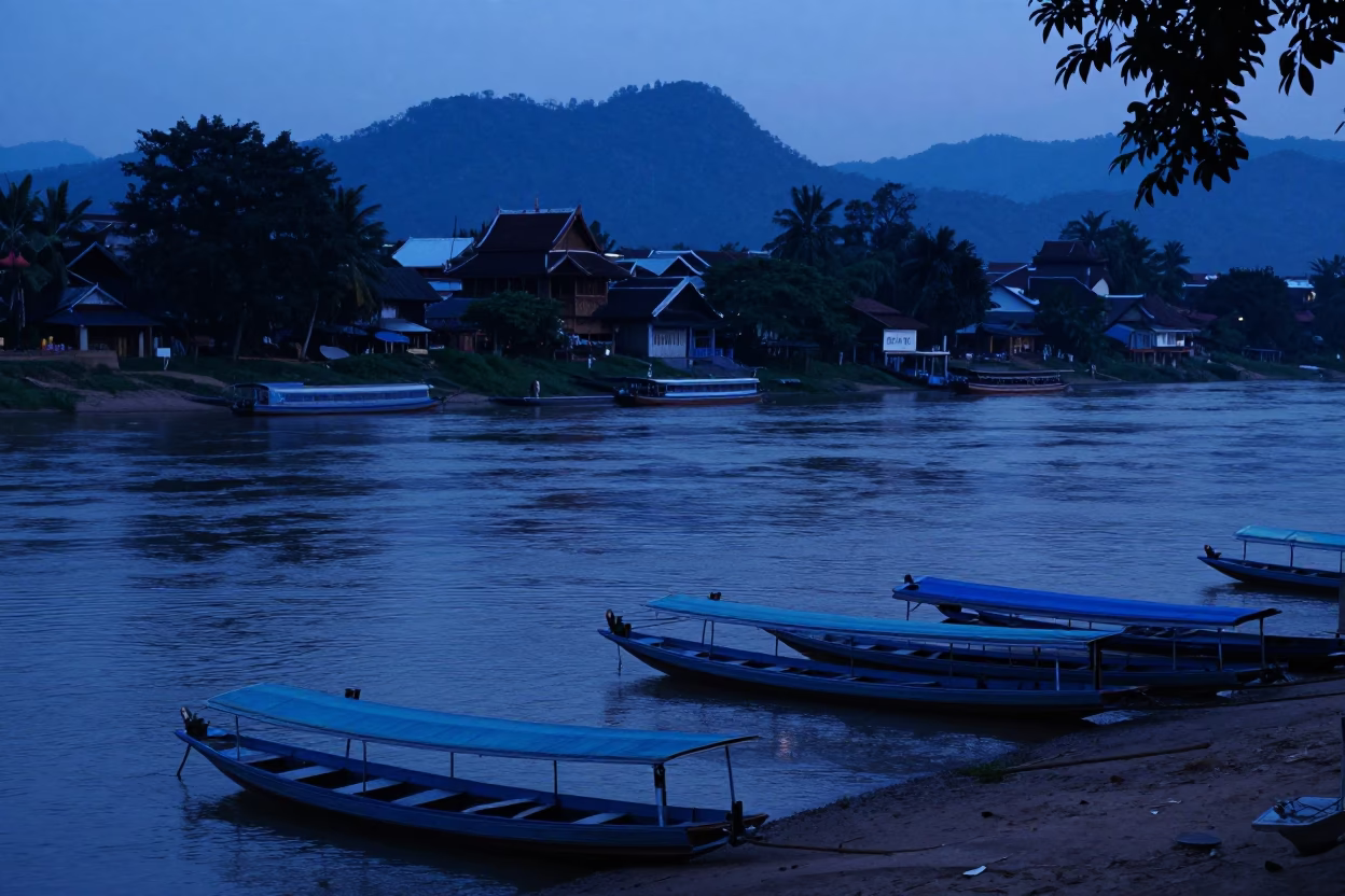 Evening Blue Hour at Luang Prabang Mekong Riverbank with Longtail Boats and Local Life in in Luang Prabang, Laos