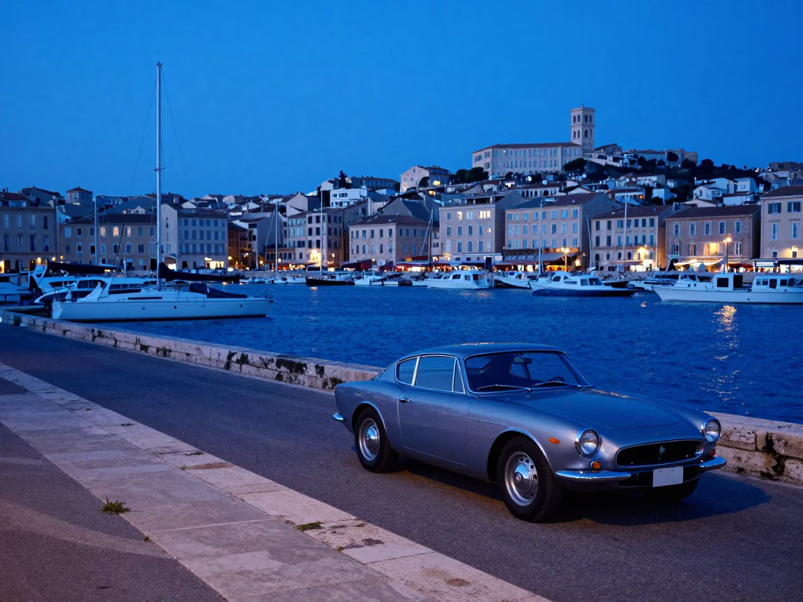 Evening Blue Hour at Marseille Vieux Port with Vintage Car and Local Street Scene in in Marseille, France