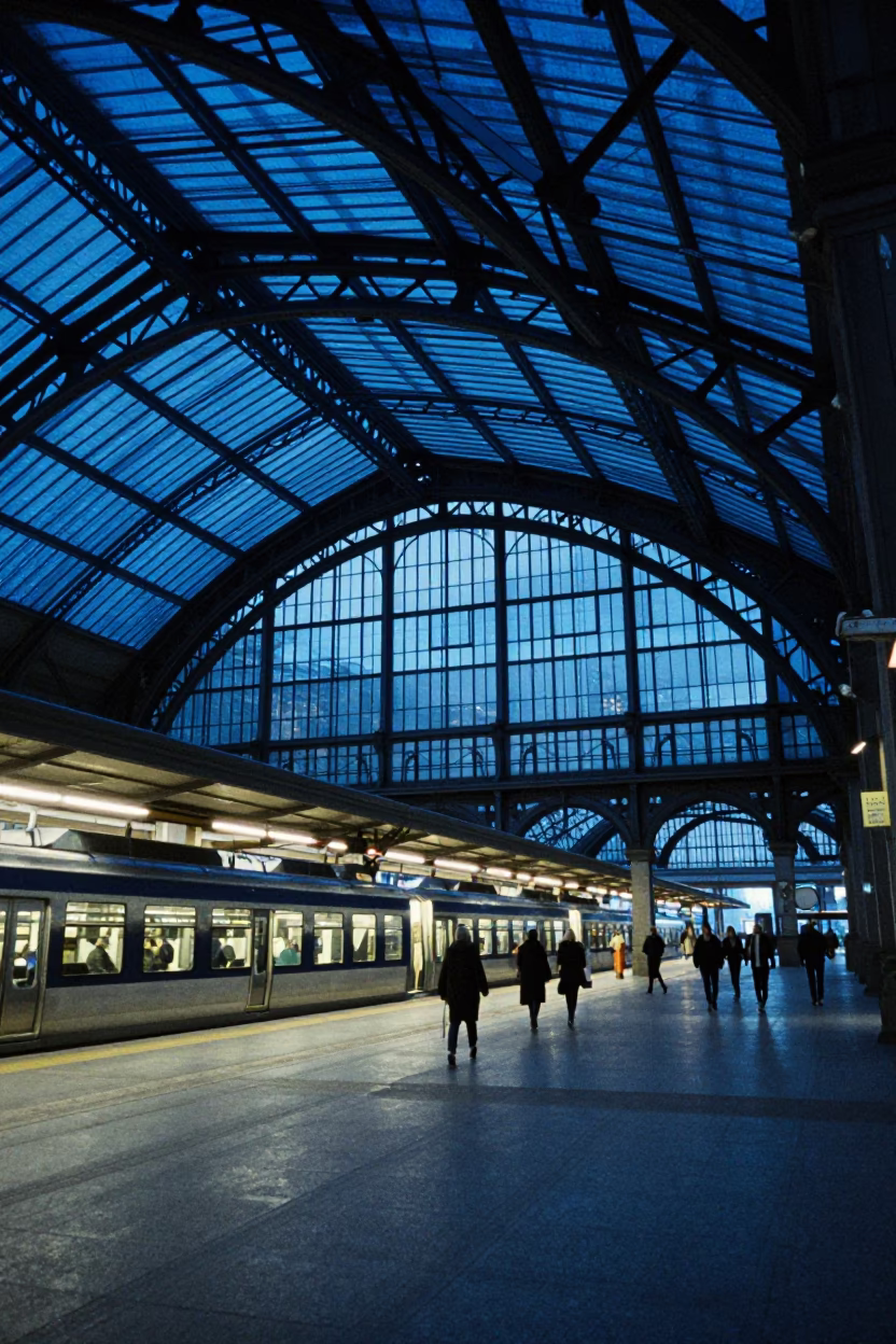 Evening Blue Hour at Porto Train Station Arched Roof and Steel Structure in in Porto, Portugal