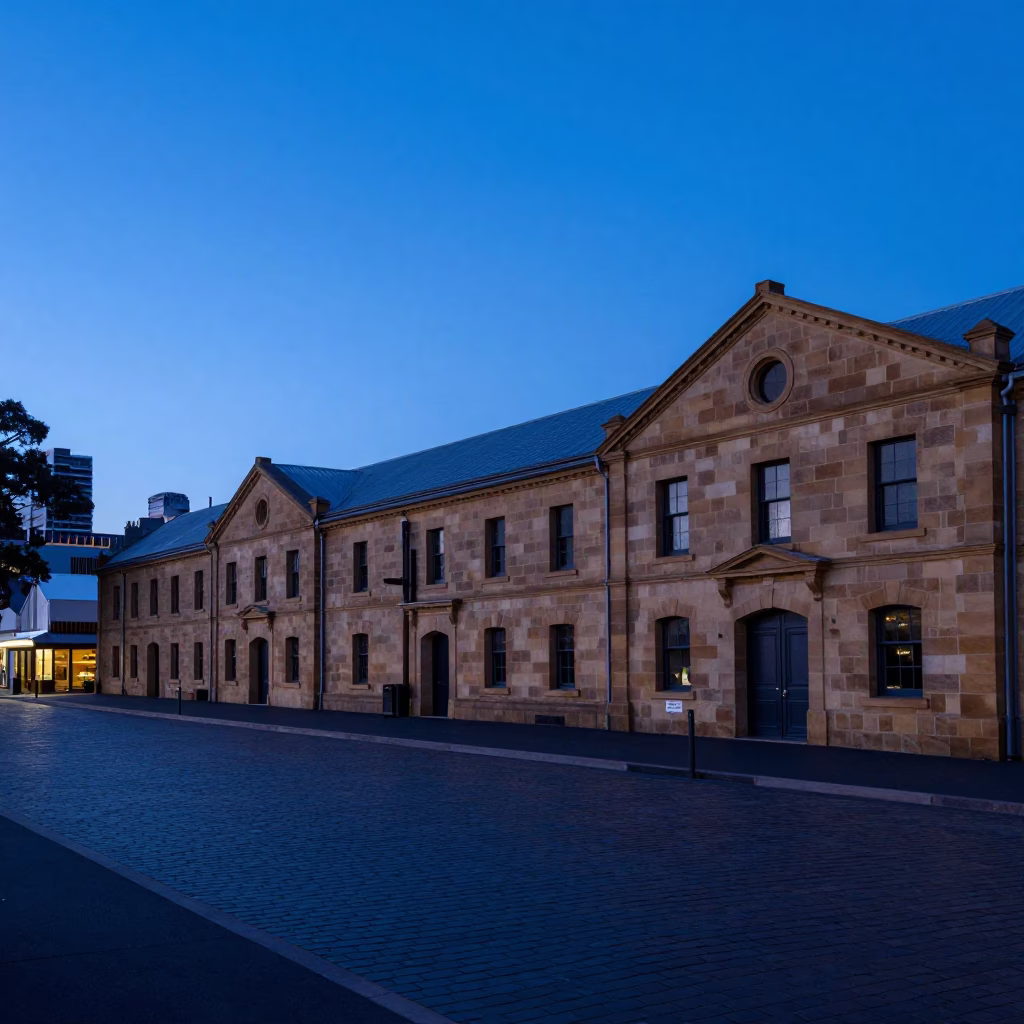 Evening Blue Hour at Salamanca Place Hobart Tasmania With Chestnut Tree Husks in in Hobart, Tasmania, Australia