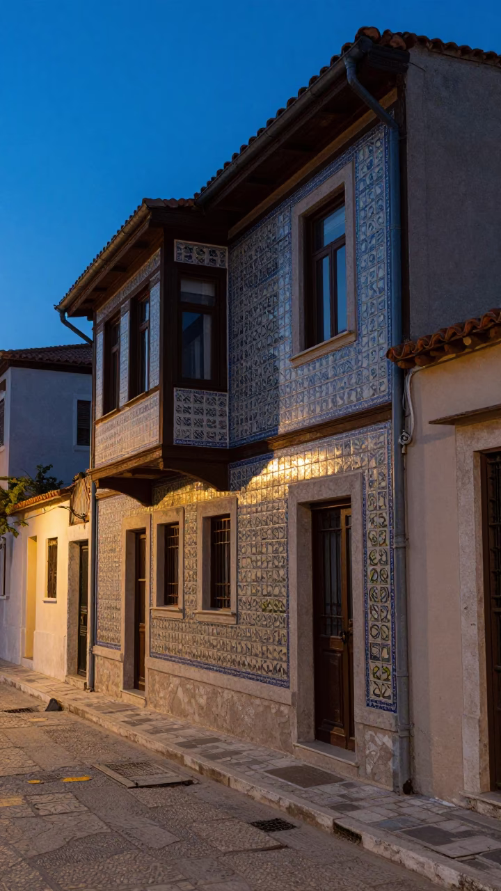 Evening Blue Hour Athens Street Scene with Ceramic Tiles and Stone Architecture in in Athens, Greece