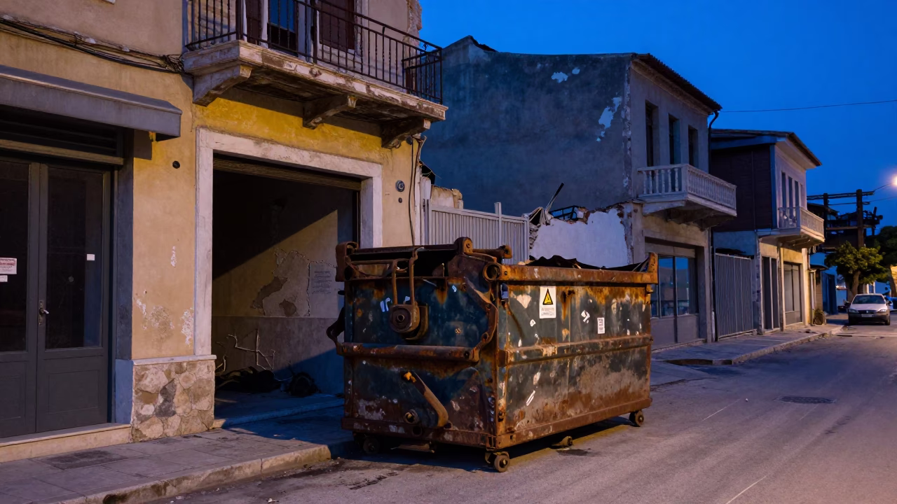 Evening Blue Hour Athens Street Scene with Demolition Dumpster and Gutted Storefront in in Athens, Greece