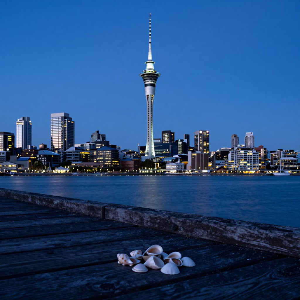 Evening Blue Hour Auckland Sky Tower and Harbor Lights with Seashells in in Auckland, New Zealand