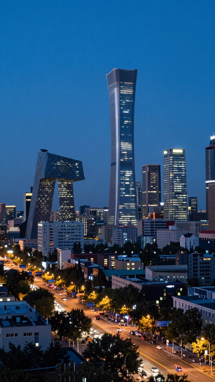 Evening Blue Hour Beijing Skyline and Urban Street Life in in Beijing, China