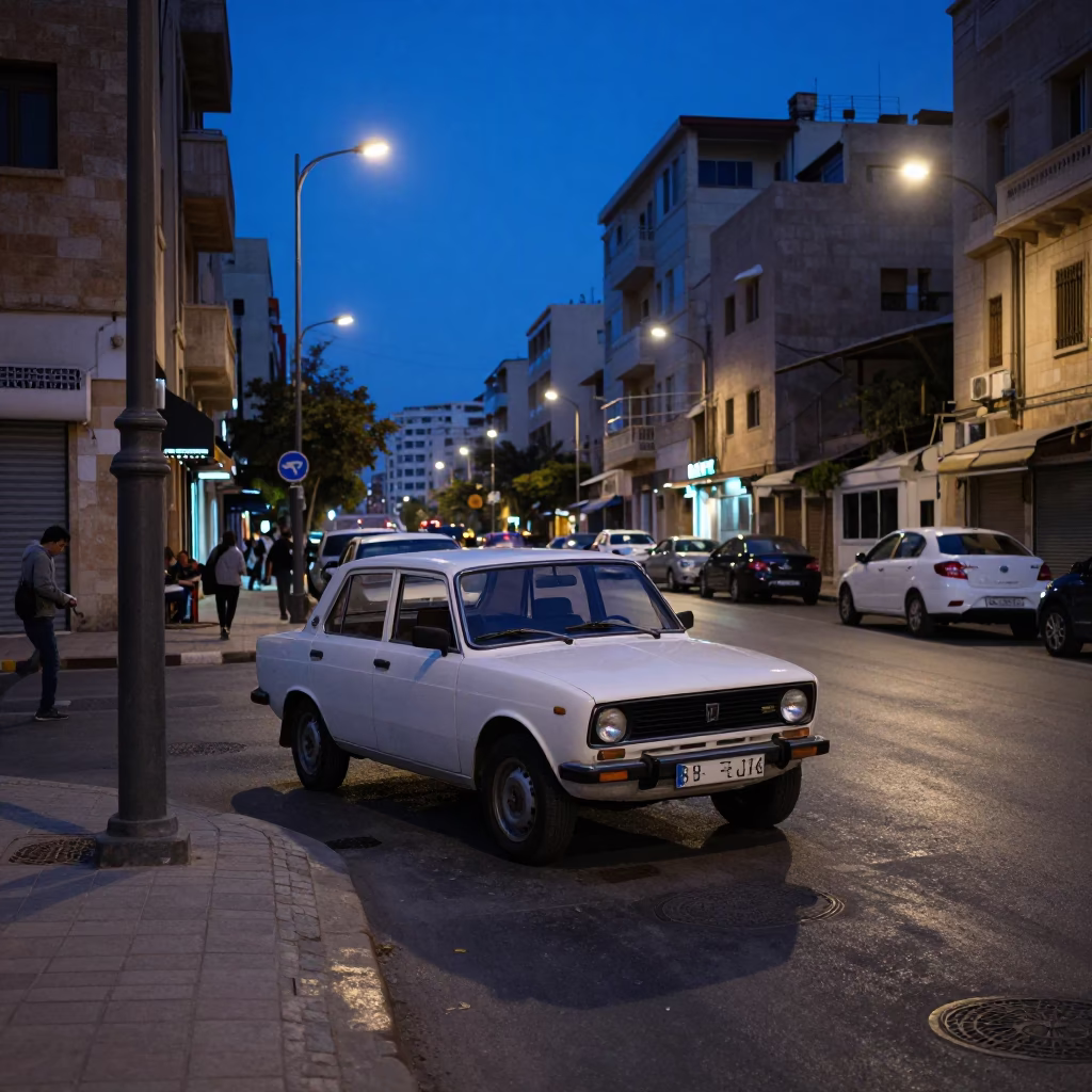 Evening Blue Hour Beirut Street Scene with Vintage Cars and Local Traffic in in Beirut, Lebanon