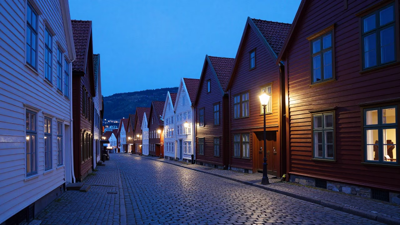Evening Blue Hour Bergen Norway Cobblestone Street Scene with Historic Bryggen Wharf in in Bergen, Norway