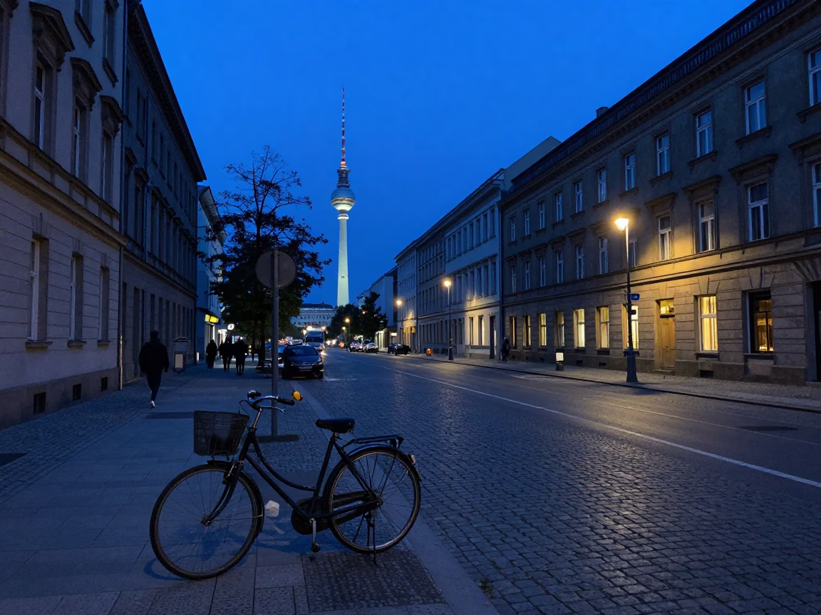 Evening Blue Hour Berlin Street Scene with Bicycle and Baguettes in in Berlin, Germany