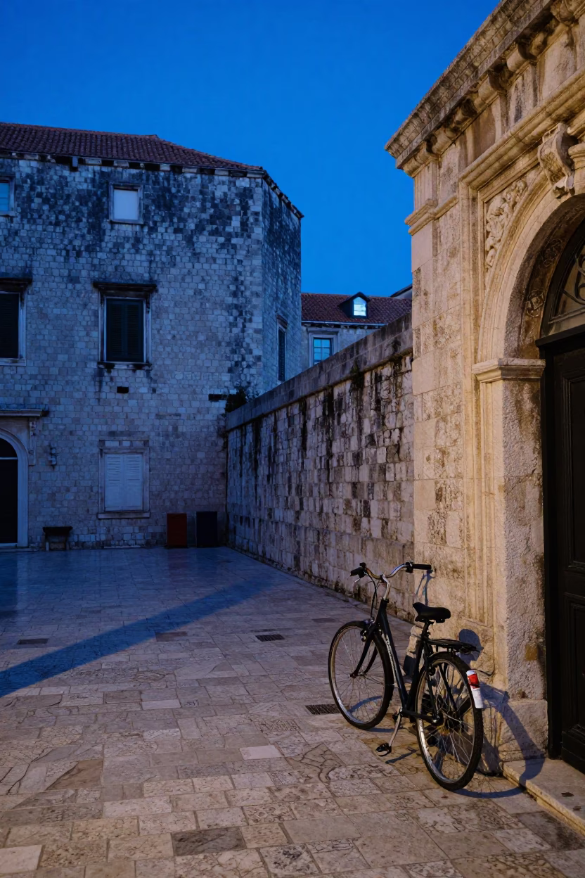 Evening Blue Hour Dubrovnik Street Scene with Bicycle and Local Life in in Dubrovnik, Croatia