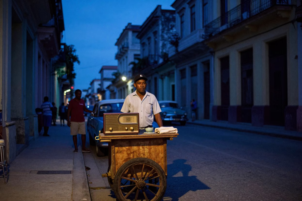Evening Blue Hour Havana Street Scene with Vintage Radio and Tres Leches Cake in in Havana, Cuba