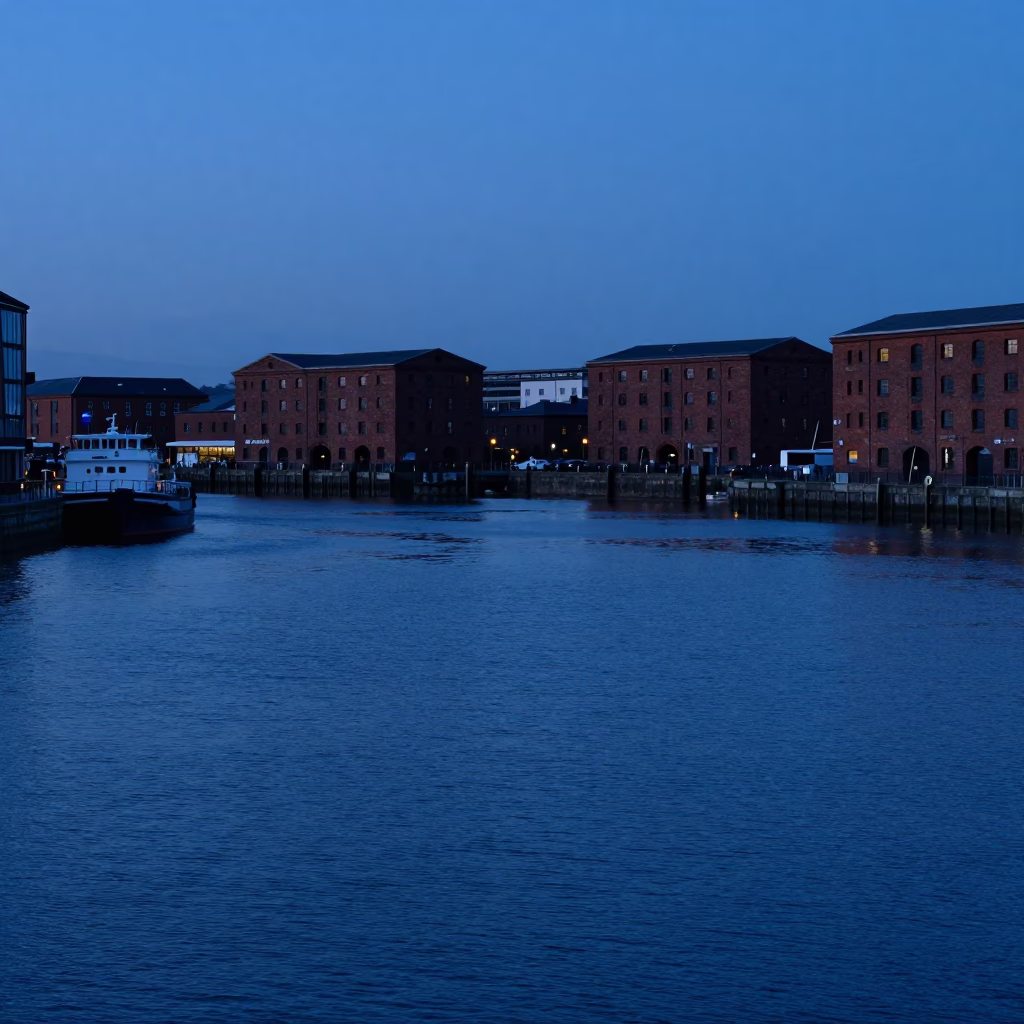 Evening Blue Hour Horizon View of Bristol Docks and Red Brick Warehouses in in Bristol, United Kingdom