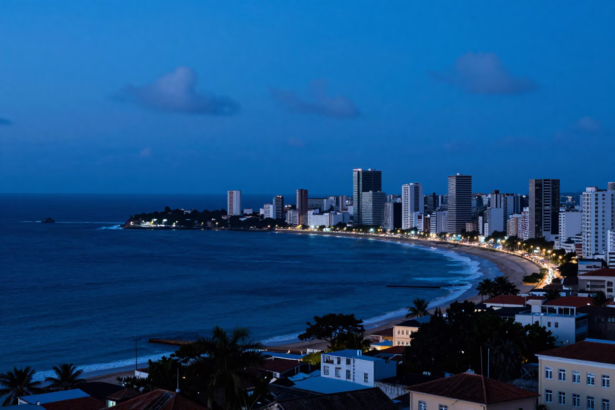 Evening Blue Hour Horizon View of Salvador Brazil Coastal Cityscape and Ocean in in Salvador, Brazil