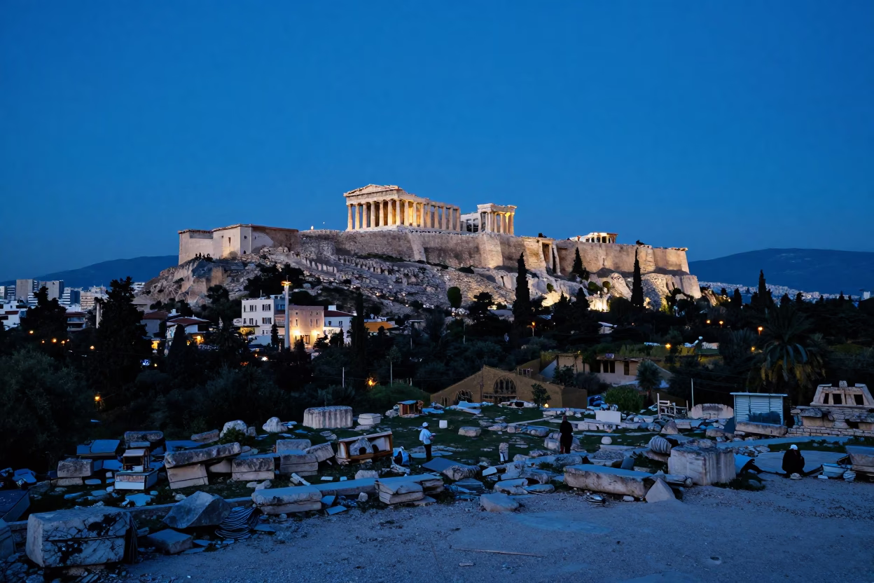 Evening Blue Hour in Athens Greece Ancient Ruins and Urban Life in in Athens, Greece