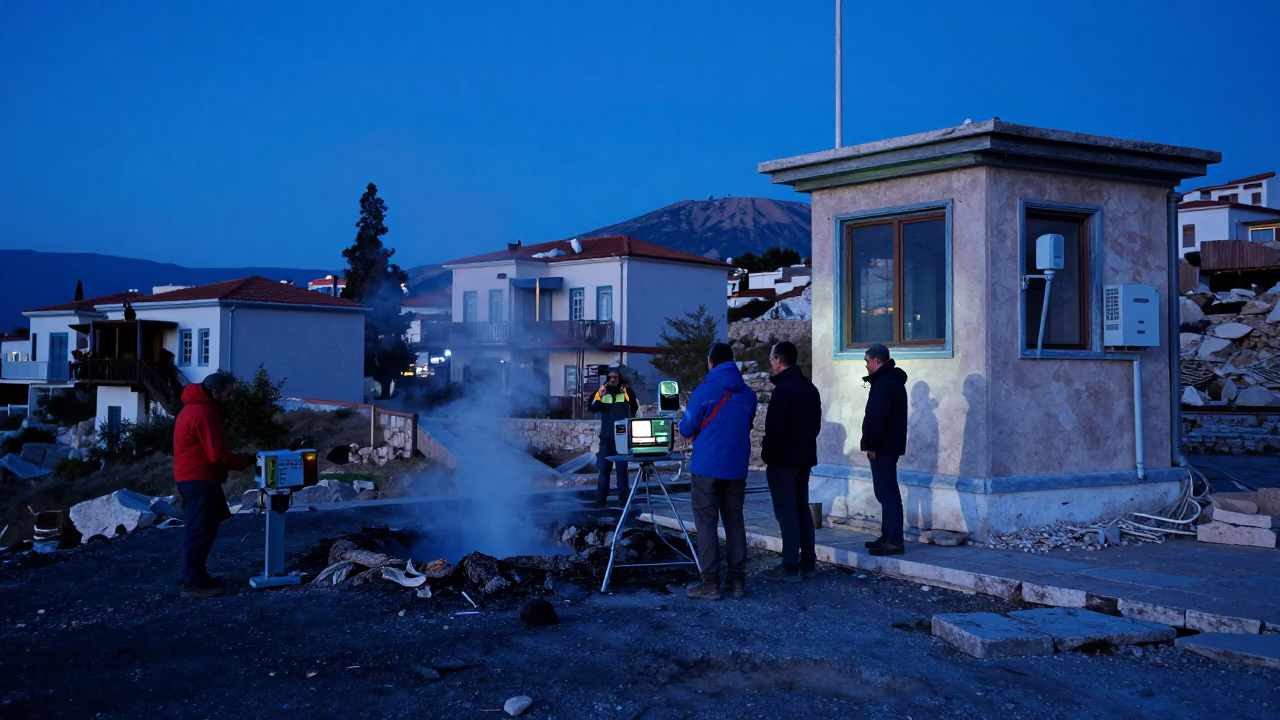 Evening Blue Hour in Athens Greece with Volcanology Team and Crumbling Weather Station Instruments in in Athens, Greece