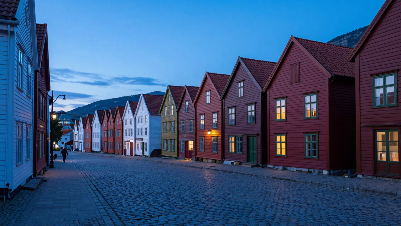 Evening Blue Hour in Bergen Norway with Cobblestone Streets and Traditional Wooden Wharf Houses in in Bergen, Norway
