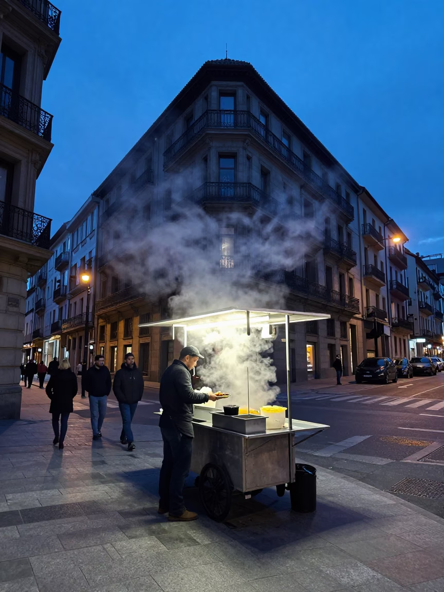 Evening Blue Hour in Bilbao Spain Street Scene with Steam and Local Life in in Bilbao, Spain