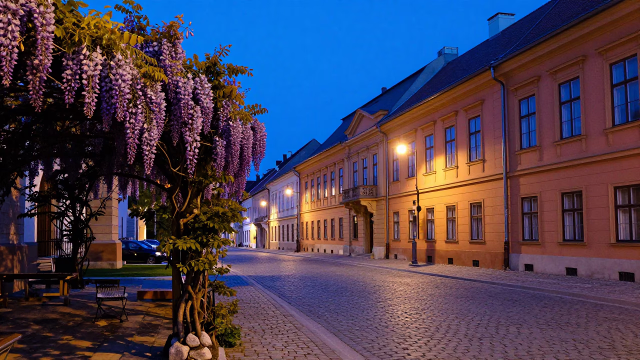 Evening Blue Hour in Budapest Castle District with Wisteria and River View in in Budapest, Hungary