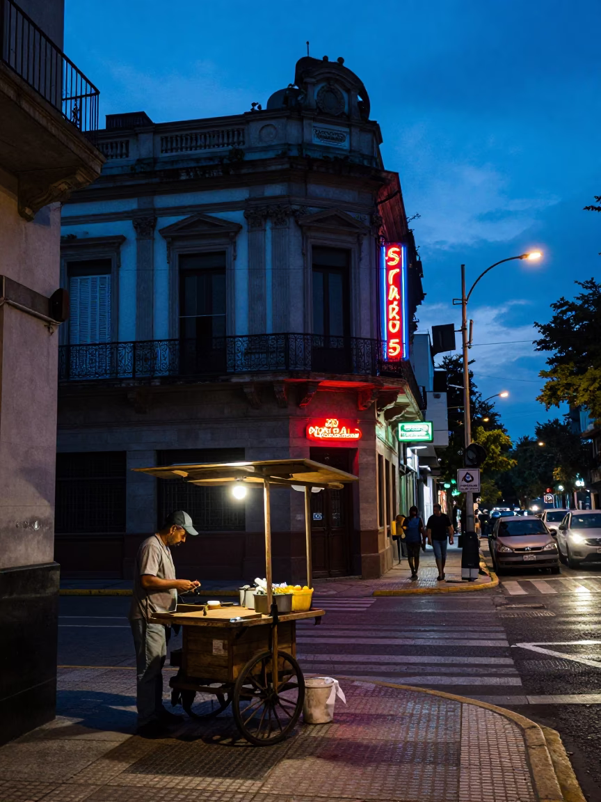 Evening Blue Hour in Buenos Aires Street Scene with Local Details in in Buenos Aires, Argentina