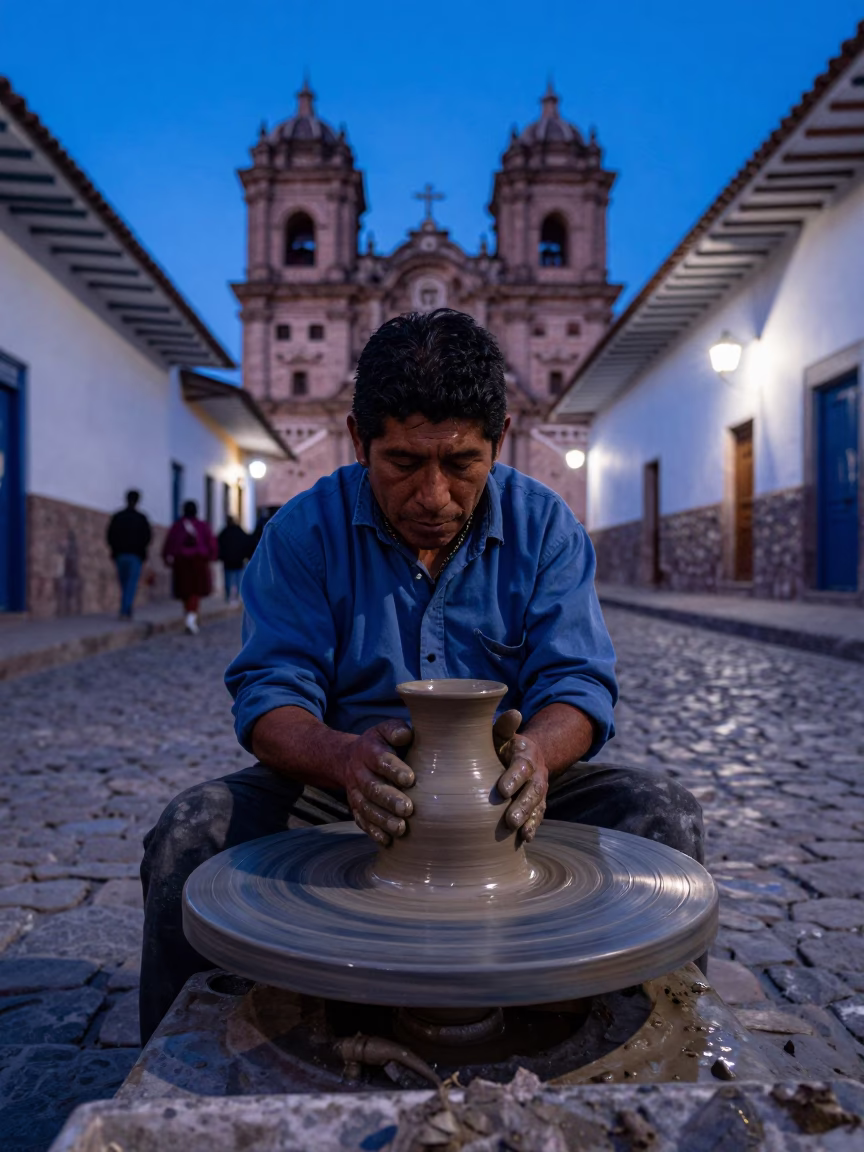 Evening Blue Hour in Cusco Peru Street Scene with Potter and Espresso Cup in in Cusco, Peru