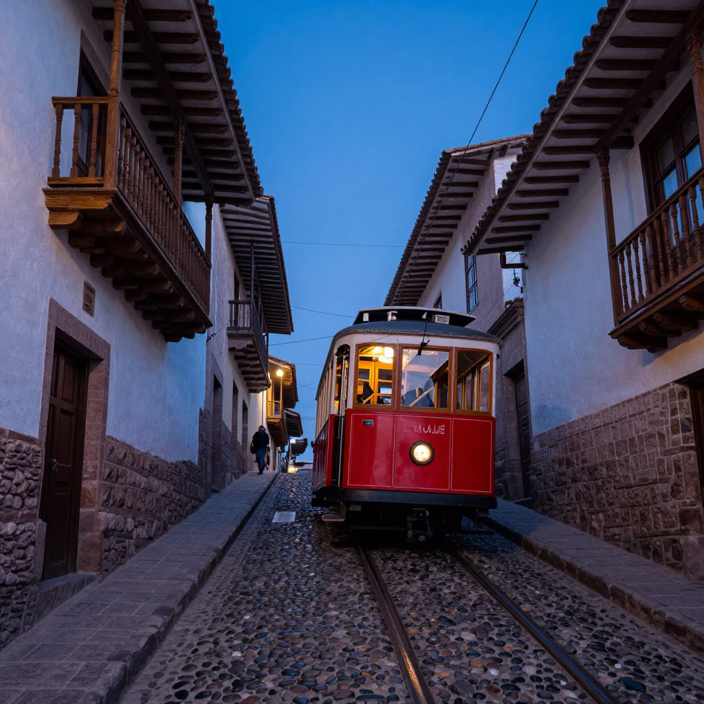 Evening Blue Hour in Cusco Peru Tram Climbing Steep Cobblestone Street Past Adobe Walls in in Cusco, Peru