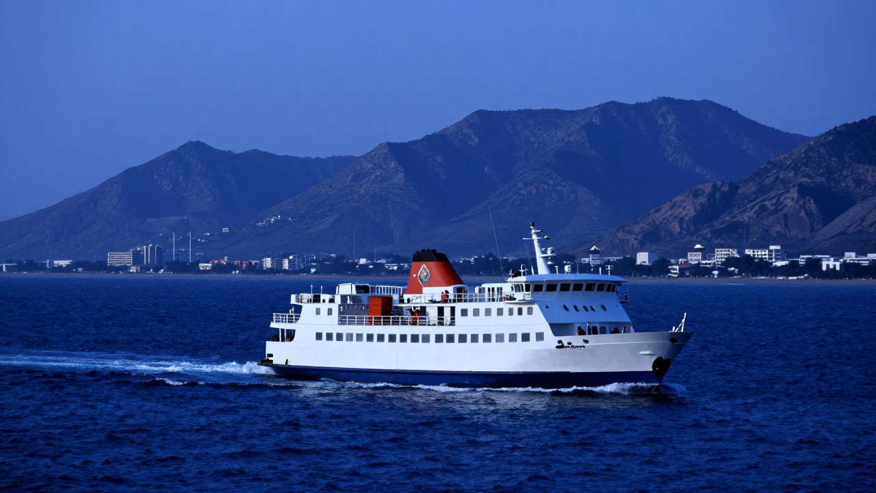 Evening Blue Hour in Dakar Senegal Ferry Departure with Coastal Mountains in in Dakar, Senegal