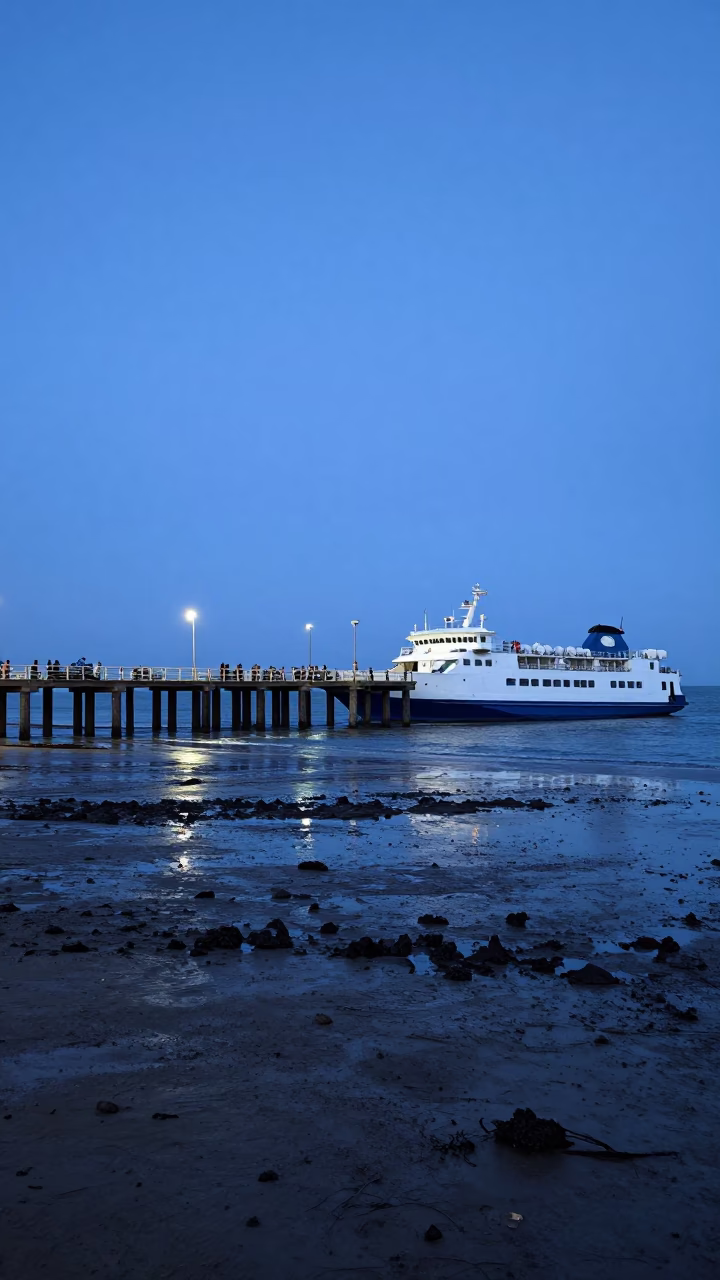 Evening Blue Hour in Dakar Senegal Ferry Ramp Low Tide and Local Street Life in in Dakar, Senegal