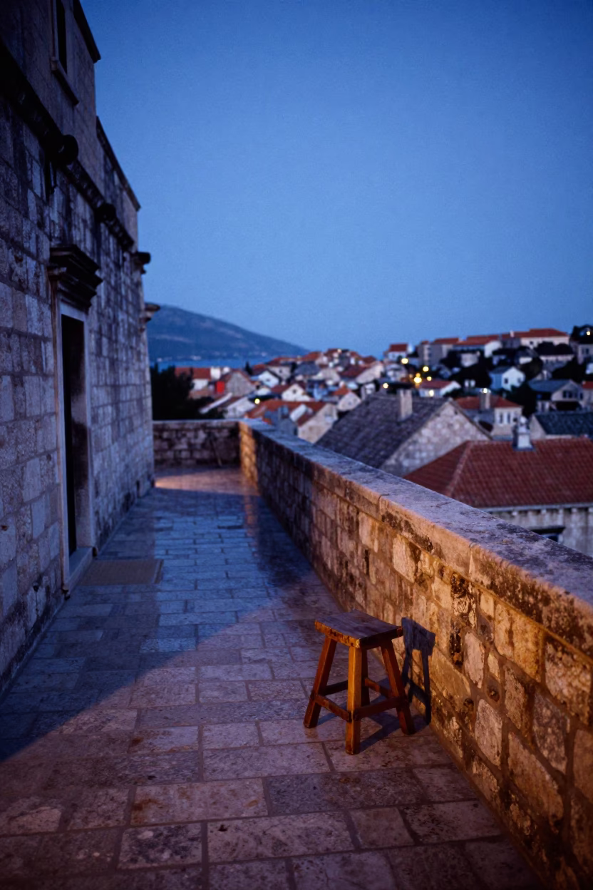 Evening Blue Hour in Dubrovnik Croatia Rusty Sill and Camp Stool on Stone Terrace in in Dubrovnik, Croatia