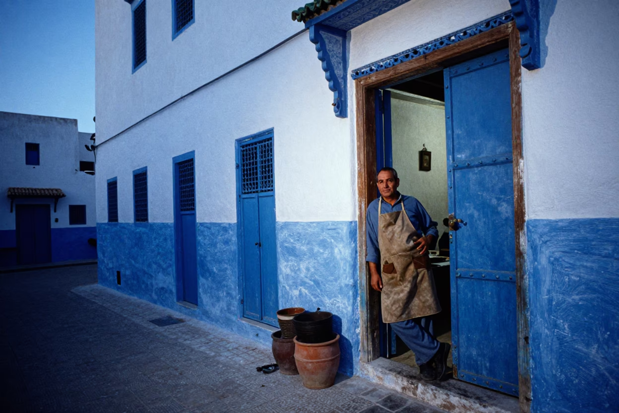 Evening Blue Hour in Essaouira Morocco with Artisan Tool Aprons in in Essaouira, Morocco