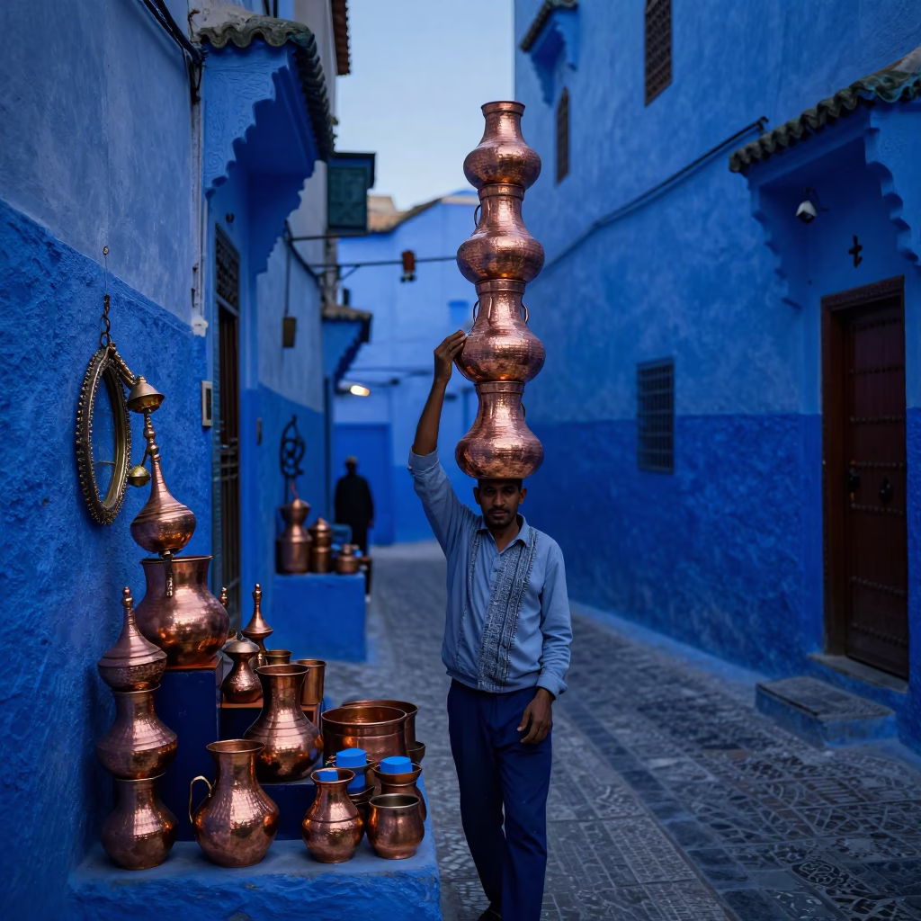 Evening Blue Hour in Fez Medina Copper Pots and Soap Bubbles in in Fez, Morocco