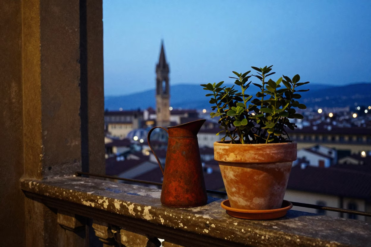 Evening Blue Hour in Florence Italy with Rusty Pitcher and Houseplants in in Florence, Italy