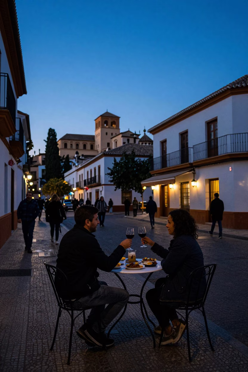 Evening Blue Hour in Granada Spain with Red Wine and Tapas Culture in in Granada, Spain