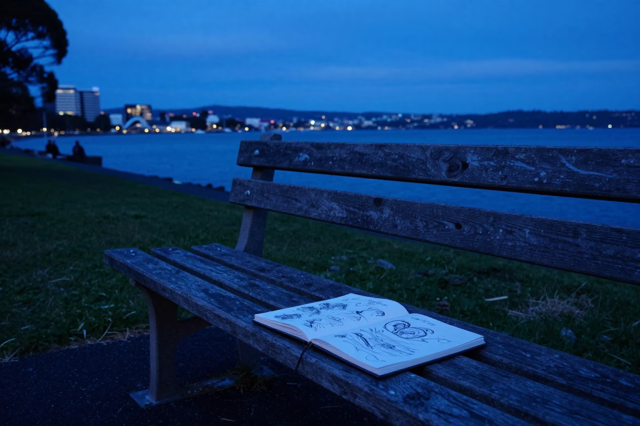Evening Blue Hour in Hobart Tasmania with Park Bench and Sketchbook in in Hobart, Tasmania, Australia