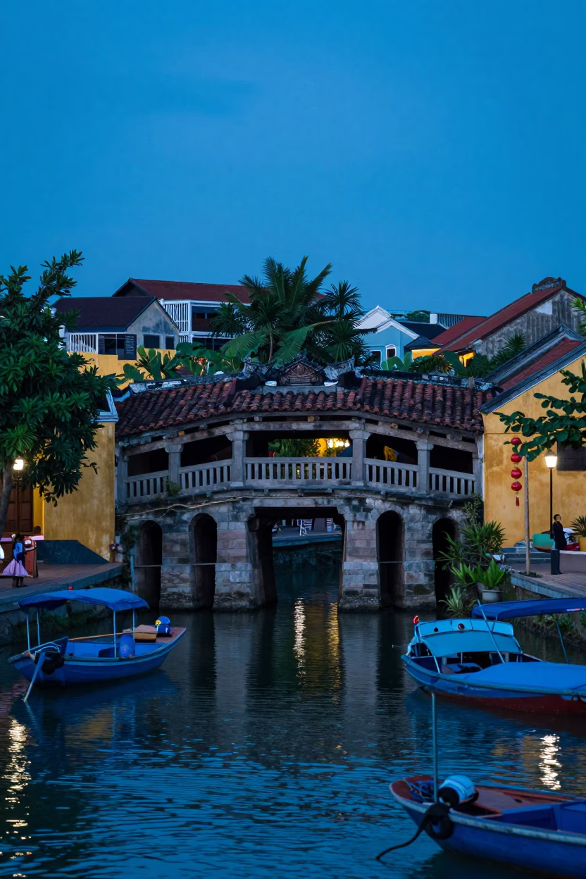 Evening Blue Hour in Hoi An Vietnam Ancient Town with Fishing Floats and Lanterns in in Hoi An, Vietnam
