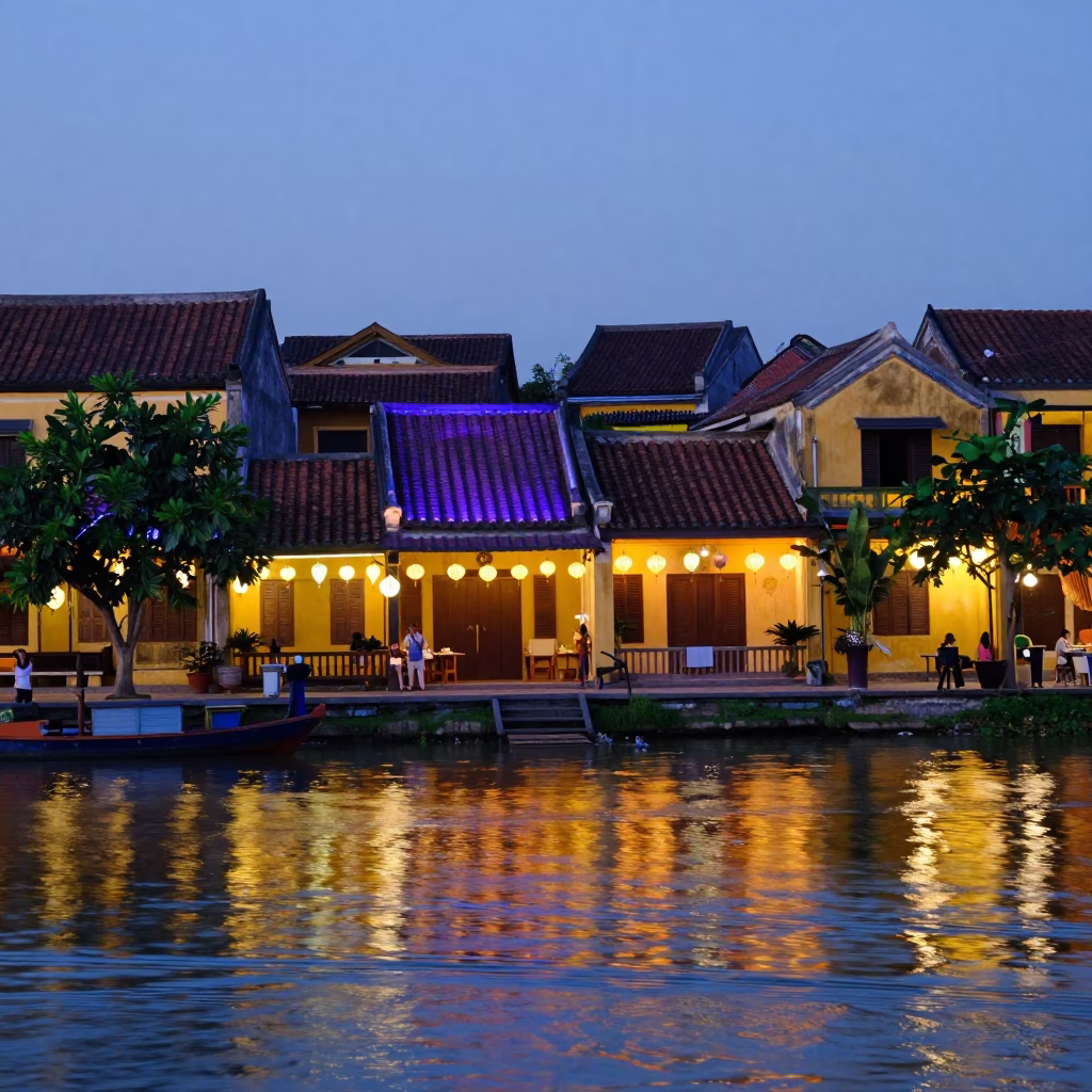 Evening Blue Hour in Hoi An Vietnam Yellow Buildings Lanterns River View in in Hoi An, Vietnam