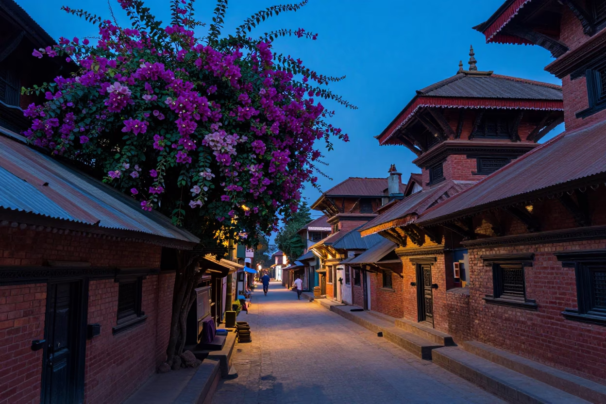 Evening Blue Hour in Kathmandu Nepal Street Scene with Bougainvillea and Local Life in in Kathmandu, Nepal