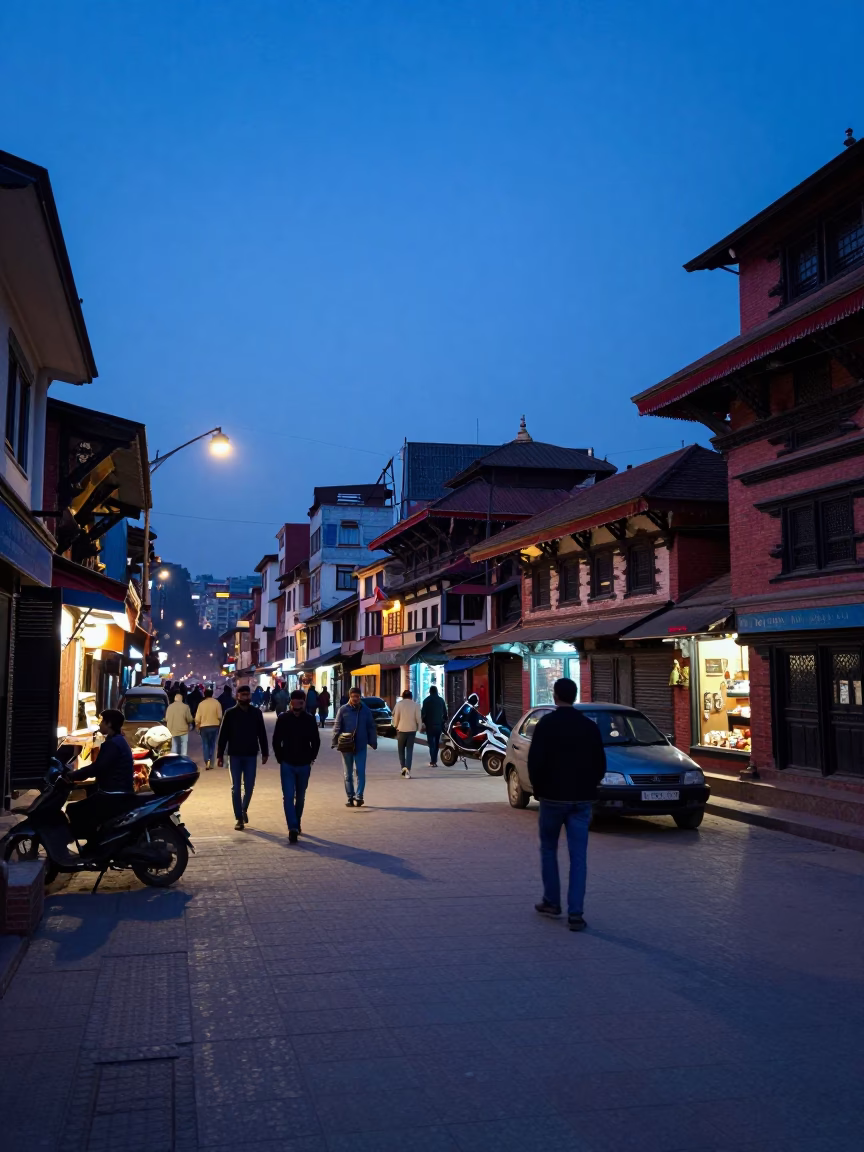 Evening Blue Hour in Kathmandu Nepal Street Scene with Tiled Floor and Leaf Shadows in in Kathmandu, Nepal