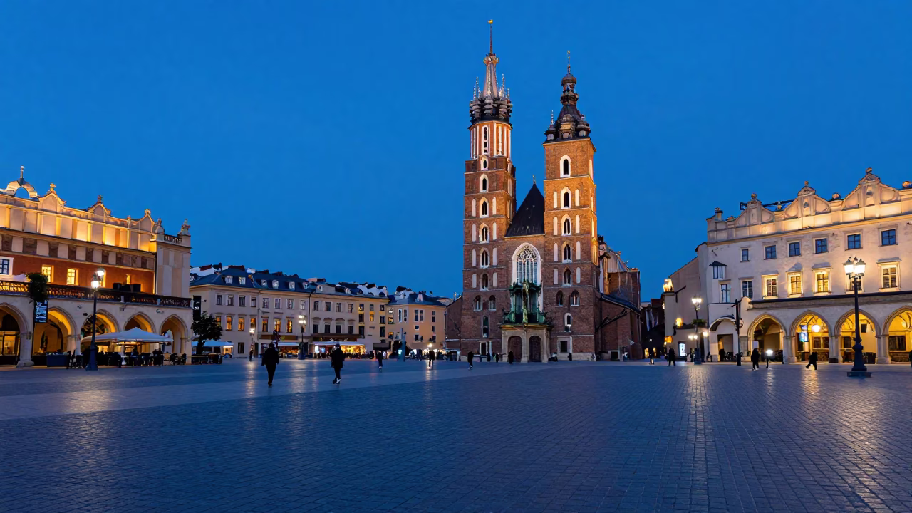 Evening Blue Hour in Krakow Poland Main Square Cobblestones and Street Life in in Krakow, Poland