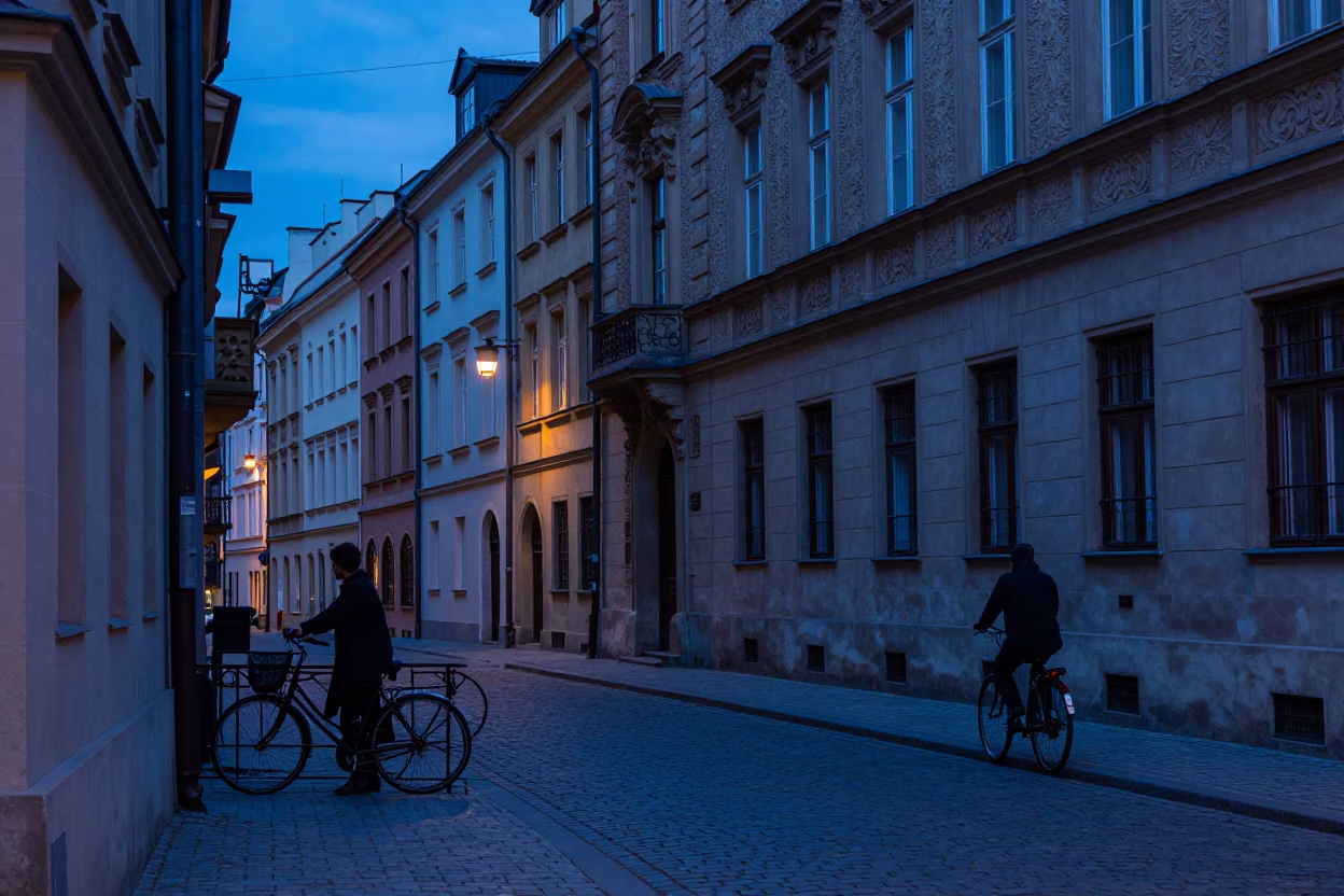 Evening Blue Hour in Krakow Poland Street Scene with Bicycle and Cobblestones in in Krakow, Poland
