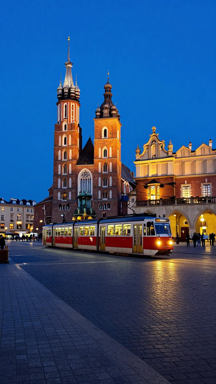Evening Blue Hour in Krakow Poland with Tram and Market Square in in Krakow, Poland