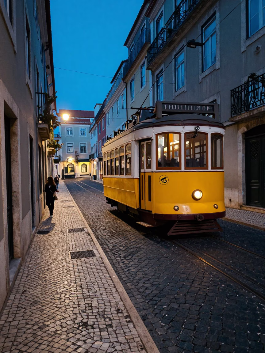 Evening Blue Hour in Lisbon Portugal Traditional Tram and Cobblestone Street in in Lisbon, Portugal