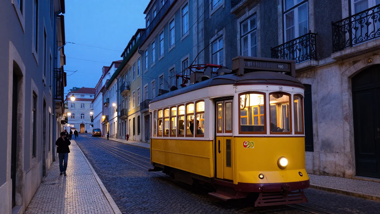 Evening Blue Hour in Lisbon Portugal Traditional Tram and Historic Architecture in in Lisbon, Portugal