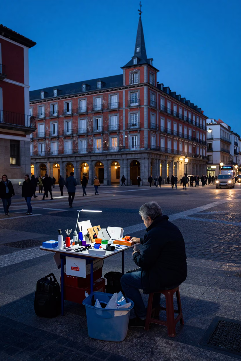 Evening Blue Hour in Madrid Spain with Sewing Scissors and Table Lamp in in Madrid, Spain