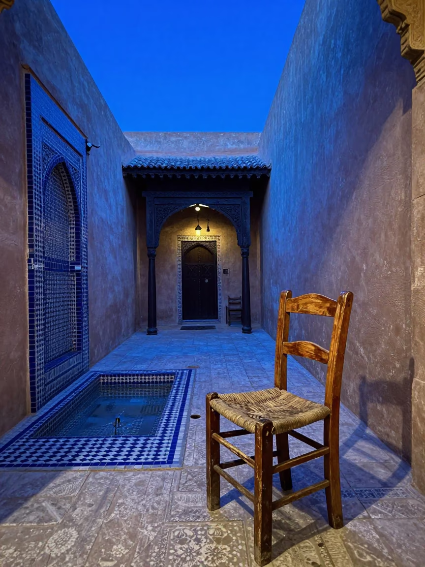 Evening Blue Hour in Marrakech Medina Courtyard with Traditional Decor in in Marrakech, Morocco