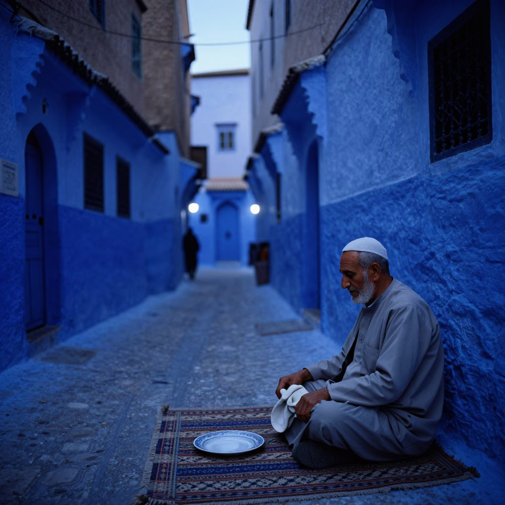 Evening Blue Hour in Marrakech Medina Street with Blue and White Porcelain Plate in in Marrakech, Morocco