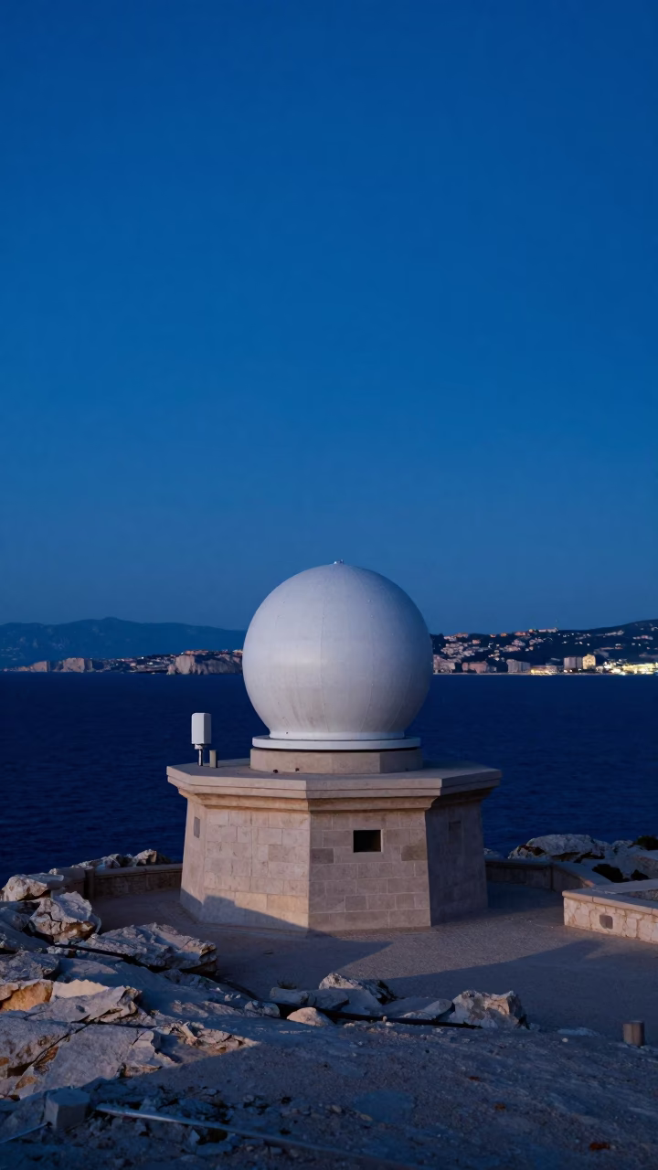 Evening Blue Hour in Marseille France Weather Radar Installation on Coastal Bluff in in Marseille, France