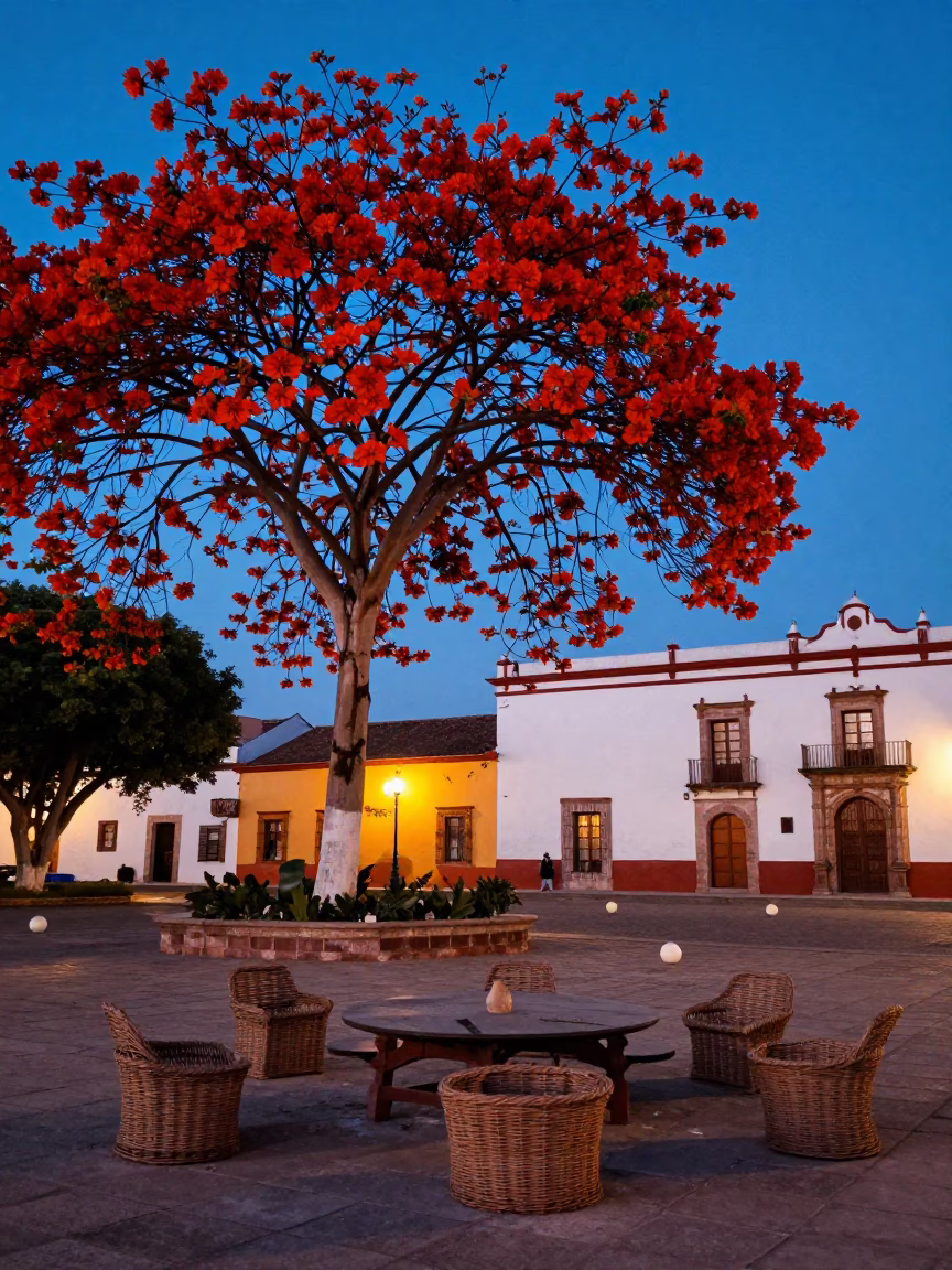 Evening Blue Hour in Merida Mexico Flame Tree Bloom and Wicker Shadows in in Merida, Mexico
