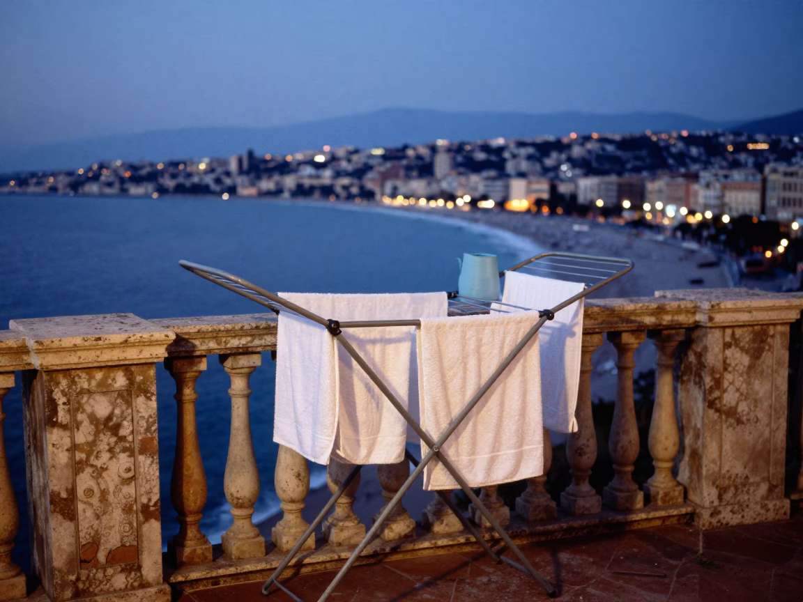 Evening Blue Hour in Nice France with Drying Rack and Watering Jug on Balcony in in Nice, France